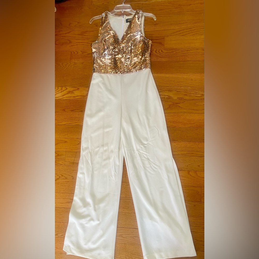 Boston Proper Alexia Afmor Gold and Cream Wideleg Jumpsuit with Metallic Bodice